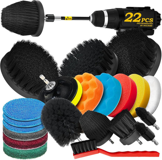 Holikme 22Pack Drill Brush Attachments Set,Scrub Pads & Sponge, Buffing Pads,Power Scrubber Brush,Car Polishing Pad Kit,Wax Applicator Pad,Car Cleaning Kit,Masonry Brushes,Cleaning Supplies