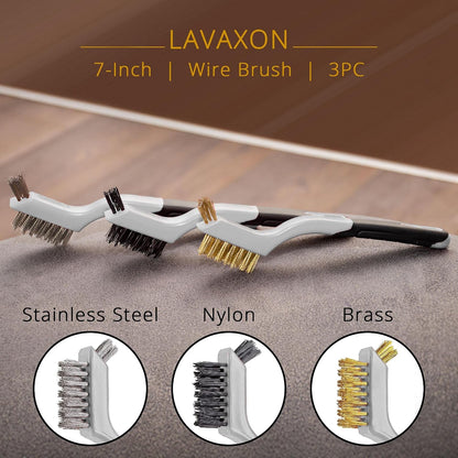 Lavaxon Wire Brush Set 3Pcs - Nylon/Brass/Stainless Steel Bristles with Curved Handle Grip for Rust, Dirt & Paint Scrubbing with Deep Cleaning – 7 Inches (Red)