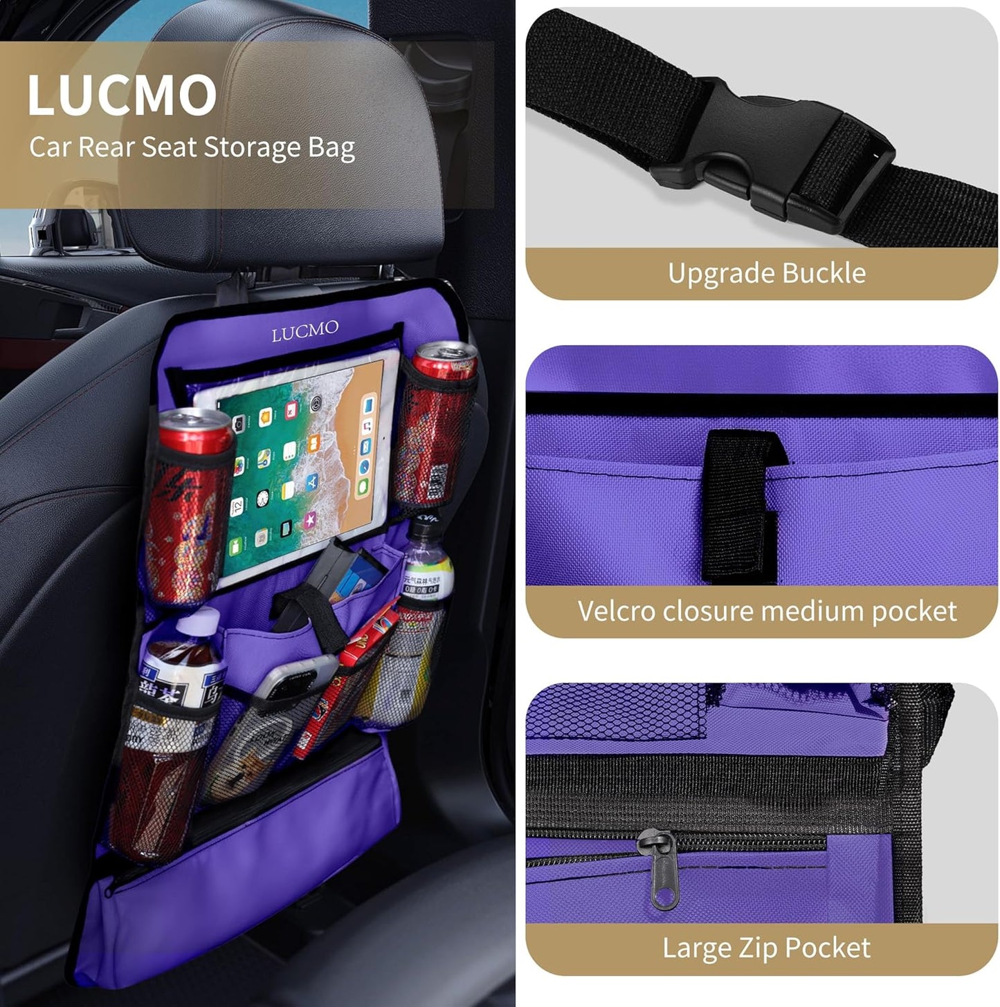 LUCMO Car Backseat Organizer with Tablet Holder,6 Storage Pockets Car Storage Organizer with Foldable Food Tray,Protectors Kick Mats Travel Accessories-Black