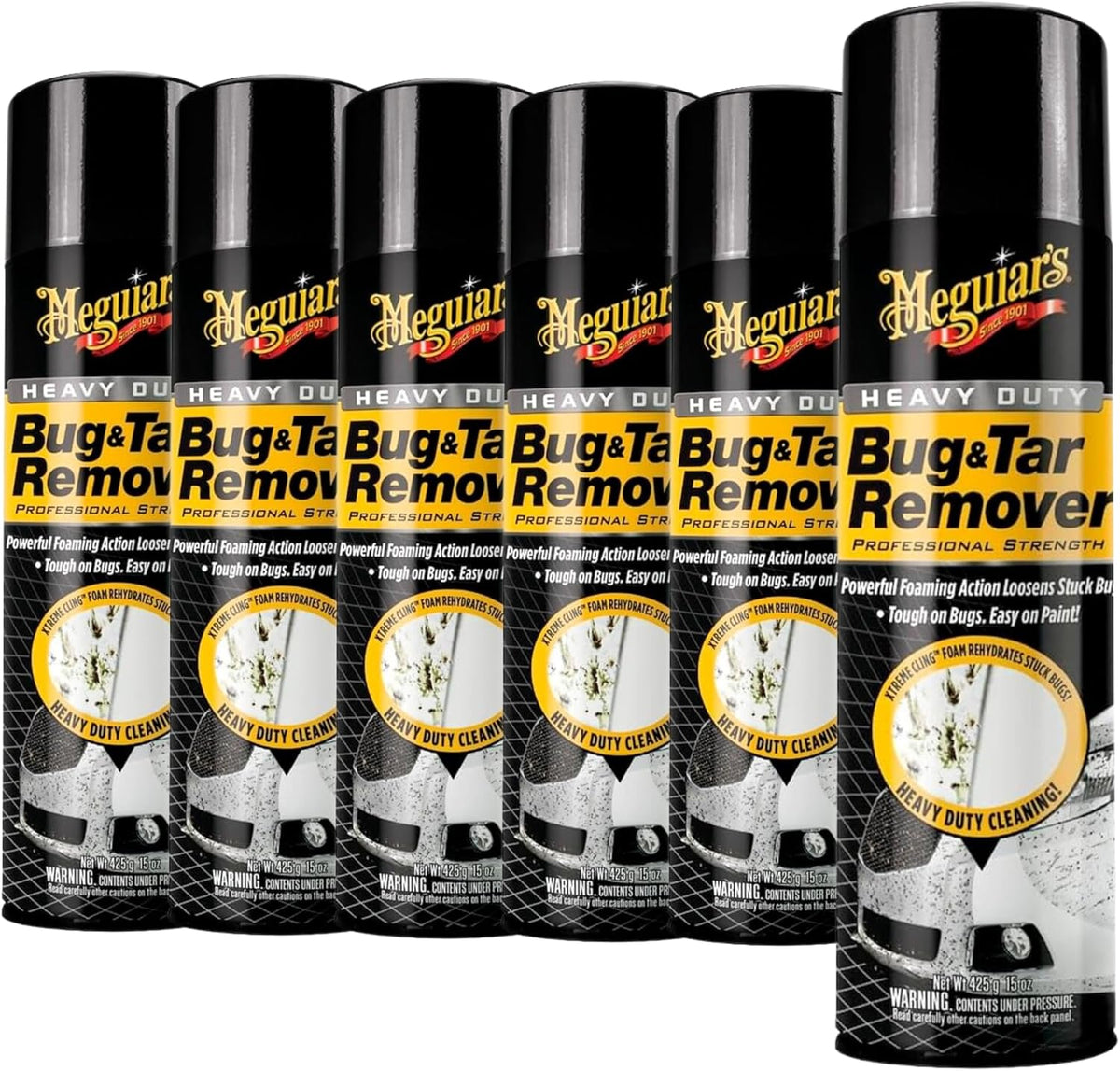 Meguiar's Heavy Duty Bug & Tar Remover, Quick Bug and Tar Remover Spray for Detailing, Pro Strength Clear Coat Safe Technology with Powerful Foaming Action to Loosen Stuck Bugs, 15 Oz, 6 Pack