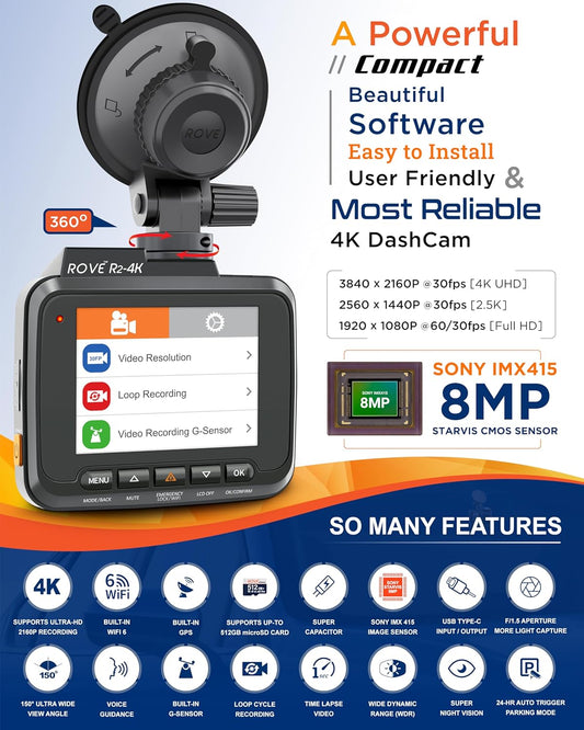 ROVE R2-4K Dash Cam, 4K UHD 2160P Car Camera with 8MP CMOS Sensor, Built-in WiFi 6 and GPS, Dash Camera For Cars with 2.4" Screen, Super Night Vision, 150" Wide Angle, Parking Mode, Supports 512GB Max