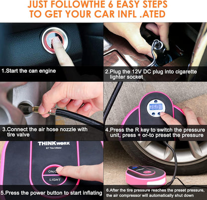 THINKWORK Car Emergency Kit for Teen Girl and Lady's Gifts, Pink Emergency Roadside Assistance kit with Digital Air Compressor, 10FT Jumper, First Aid Kit, and More Ideal Pink Car Accessories Tool -E7