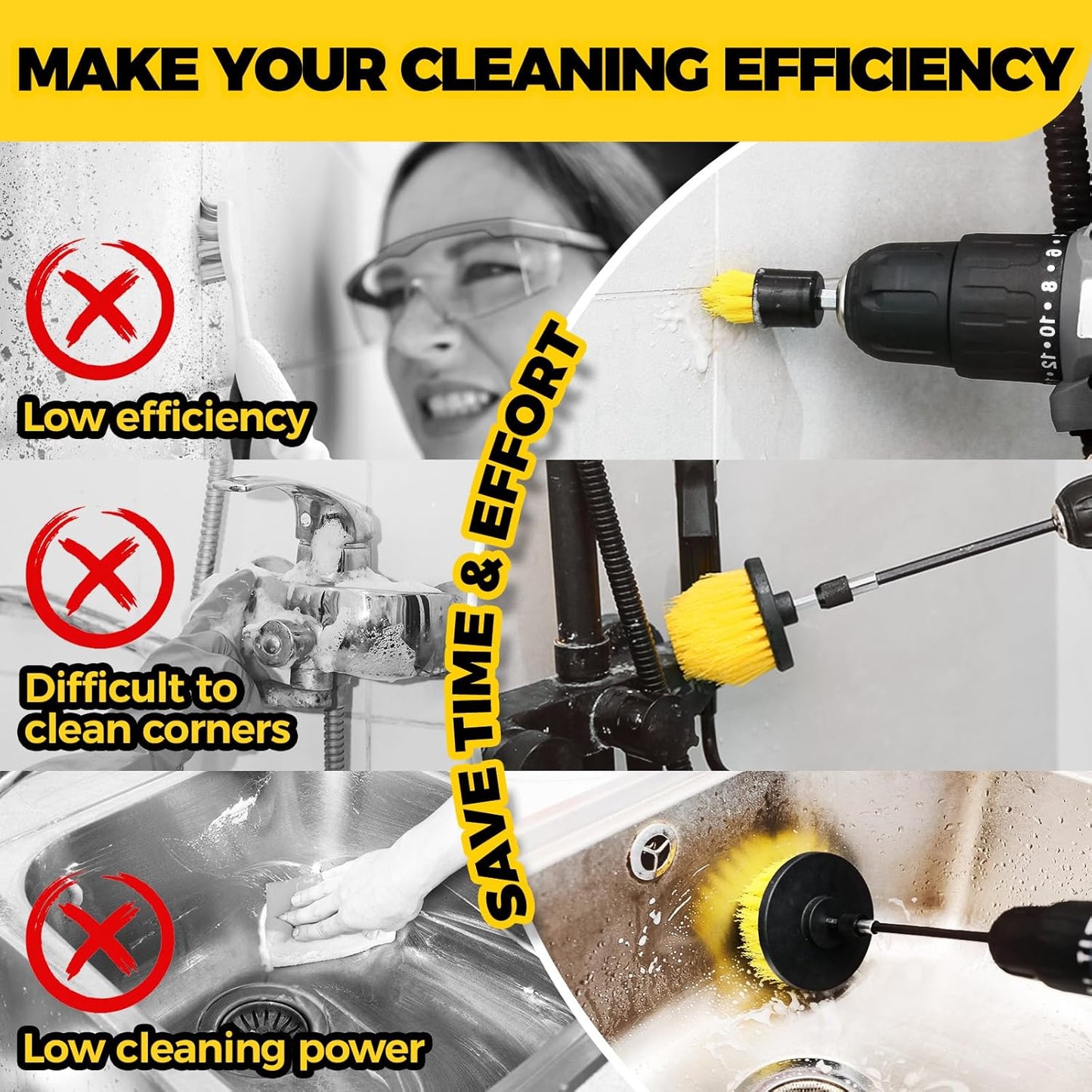 Holikme 5Pack Drill Brush Attachment Set-Car Interior Detailing Kit，Power Scrubber Brush Extended Long Attachment for Bathroom, Car，Shower，Carpet,Boat,Kitchen，Floor and Tile，White