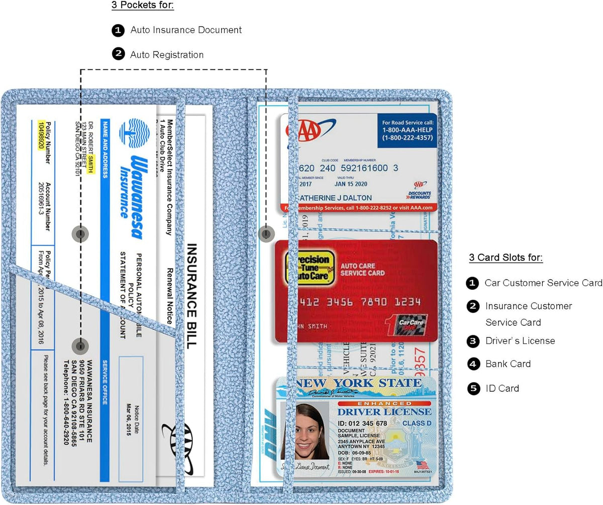 TOURSUIT Car Registration and Insurance Card Holder, Vehicle License Document Glove Box Compartment Organizer, Essential Car Wallet Case for Driver Auto Owners (Carbon Blue)
