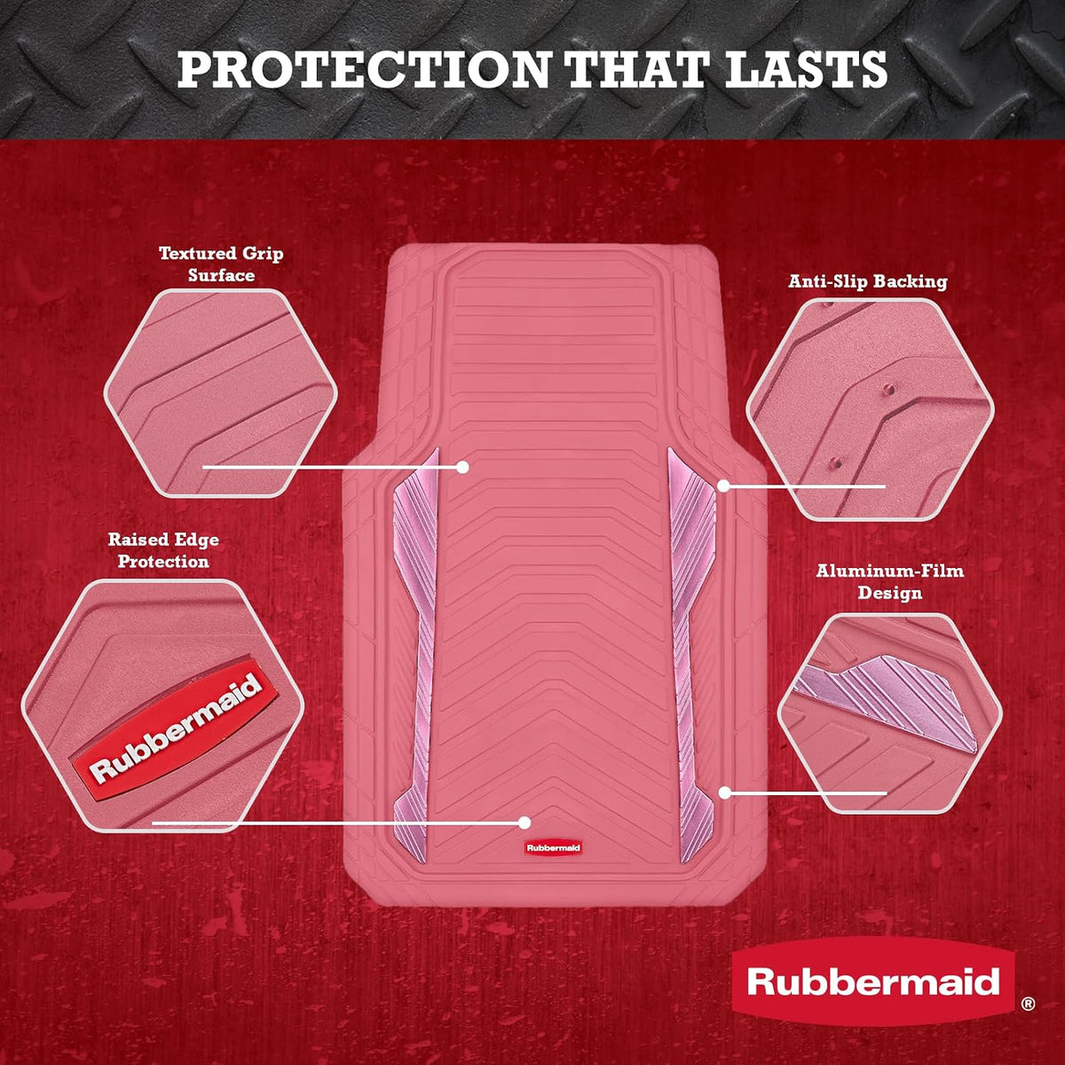 Rubbermaid Car Floor Mat, Heavy Duty All-Weather Car Mats Full Set with Dual-Tone Pink Aluminum Inserts – Universal Fit, Anti-Slip Backing, Trim-to-Fit for Most SUV, Sedan, Van