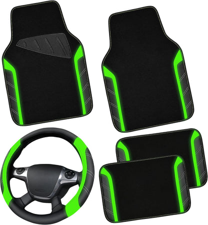 CAR PASS Air Mesh Leather Car Seat Covers Full Set, Waterproof Car Floor Mats, Sporty Steering Wheel Cover 14.5-15in, Universal Fits for 95% Cars Truck SUV (Black and Blue)