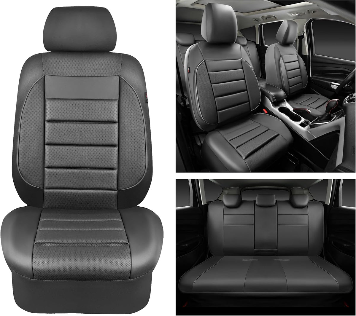 CAR PASS Leather Seat Covers Full Set Universal Water Resistant 3D Foam Back Support, Luxury Comfort Automotive 5 Seat Covers All Season Fit for SUV,Sedan,Van, Airbag Compatible Elegance(Pure Black)
