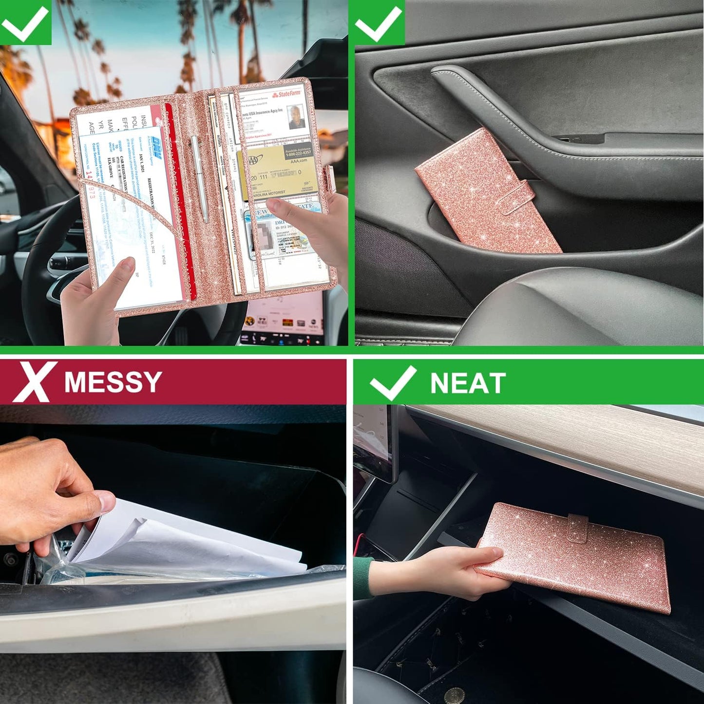 RSAquar Car Registration and Insurance Holder, Vehicle Glove Box Organizer Cool Car Accessories, Auto Truck Document Holder for Cards, Driver License, Black Glitter