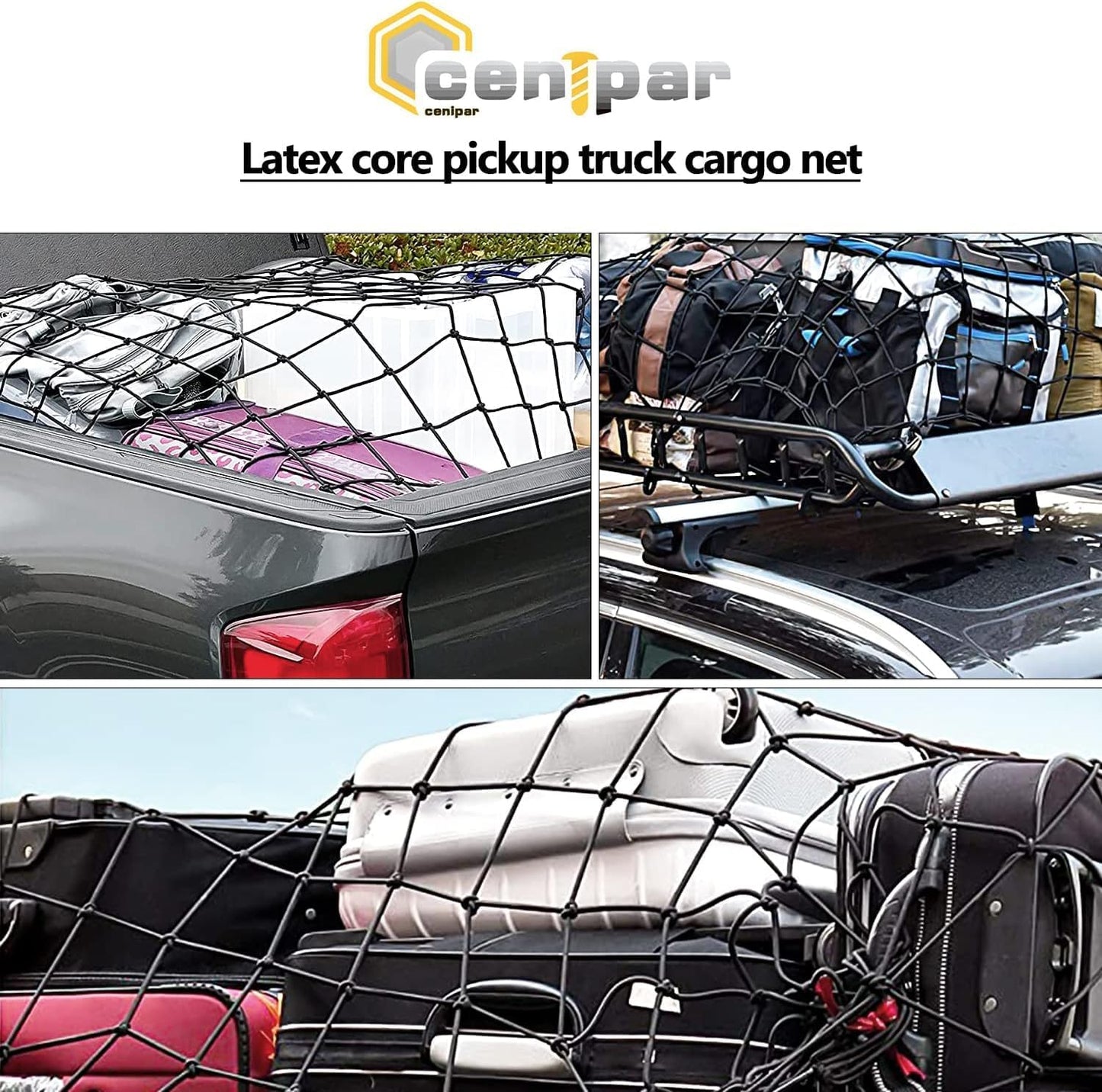 Cargo Net 4' x6' Stretches to 8' x 12' Truck Cargo Net for Pickup Truck Bed- Small 4"x4" Mesh Grid Super Duty Bungee Heavy Duty Bed Netting with 12 Adjustable Metal Carabiners by Cenipar