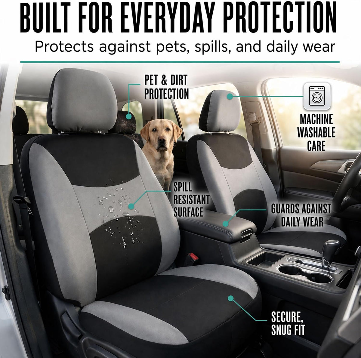 FH Group Full Set Cloth Car Seat Covers, Universal Fit Front and Split Bench Rear, Airbag Compatible, Washable for SUV, Sedan, Van - Black