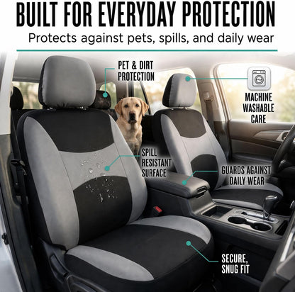 FH Group Full Set Cloth Car Seat Covers, Universal Fit Front and Split Bench Rear, Airbag Compatible, Washable for SUV, Sedan, Van - Black