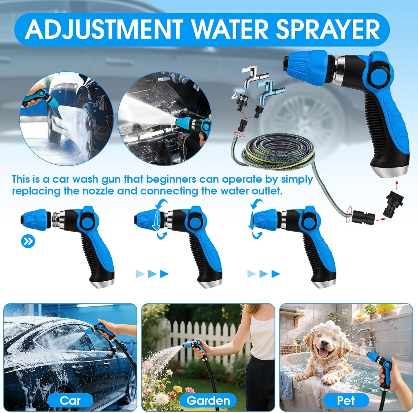 36Pcs Blue Car Wash Detailing Kit，Car Cleaning Set with Foam Gun Sprayer，Long-Handle Brush Mop，Large Collapsible Bucket，Complete Car Wash Supply Gift for Men and Women