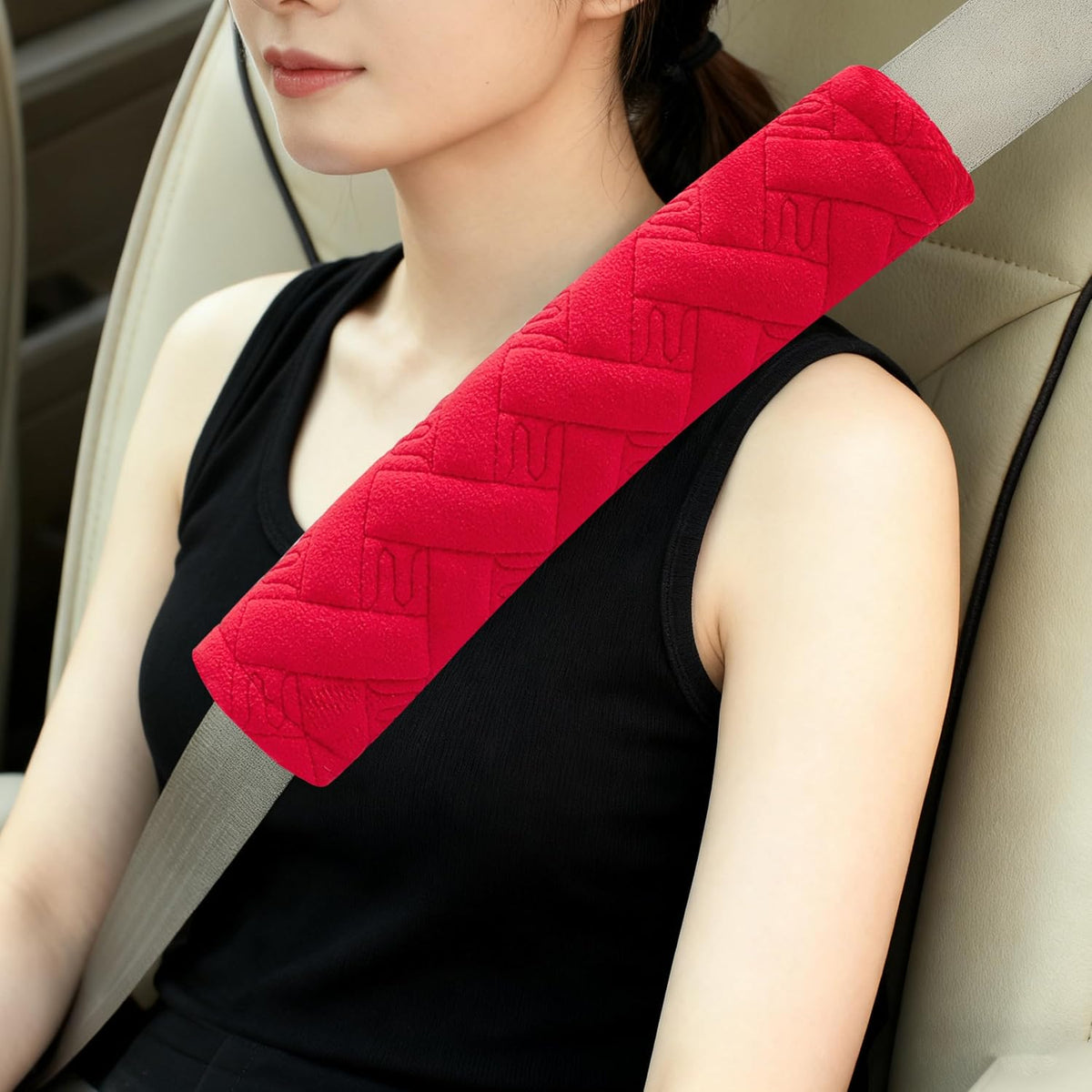 Amooca 2-Pack Soft Seat Belt Covers Universal Car Shoulder Pad Cushions with Braid Pattern for Comfortable Driving & Bag Strap Protection Red