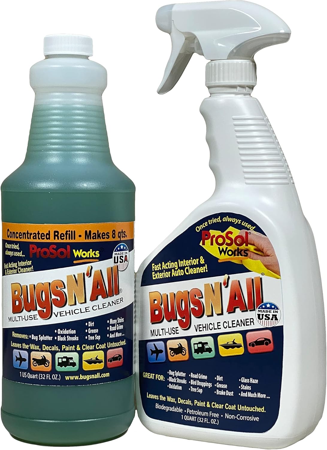 Bugs N’ All Multipurpose Car Cleaner & Degreaser - Bug & Tar Remover Concentrate 4 oz - Exterior Cleaner Safe for Car Paint, Metal, Chrome, Aluminum, Windows & Mirrors - w/Free 32 oz Spray Bottle