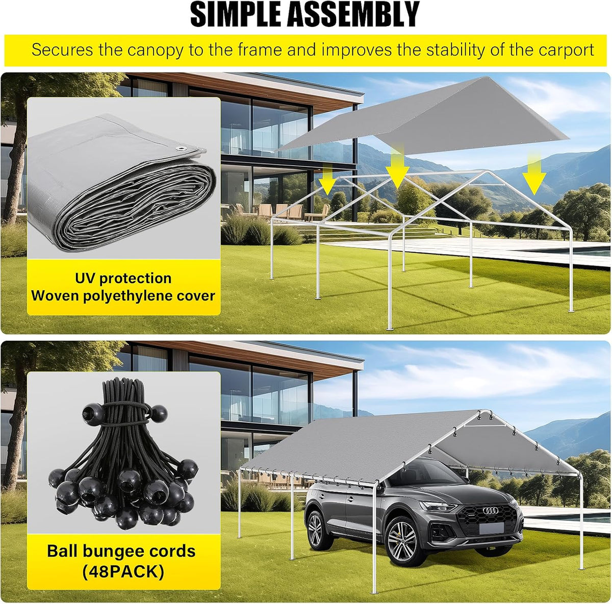 10 x 20 Ft Carport Replacement Canopy Cover Garage Top Tent Shelter Tarp with Free 48 Ball Bungee Cords,White(Only Cover, Frame Not Include)