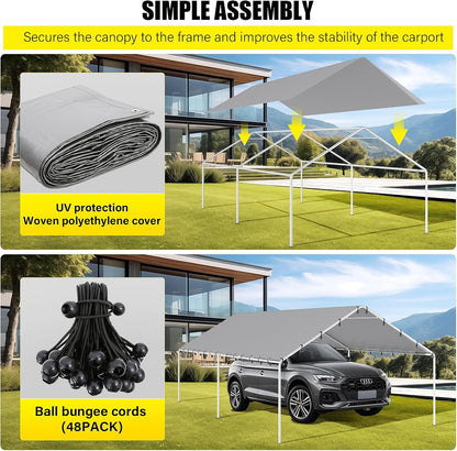 10 x 20 Ft Carport Replacement Canopy Cover Garage Top Tent Shelter Tarp with Free 48 Ball Bungee Cords,White(Only Cover, Frame Not Include)