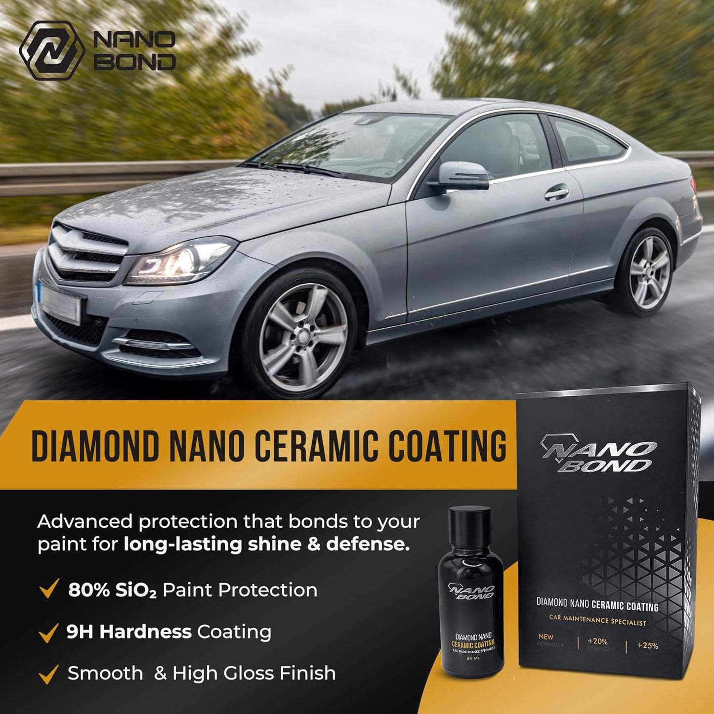 Nano Bond Ceramic Coating for Cars - 80% SiO2 Formula, Hydrophobic Paint Protection, UV & Corrosion Resistant for Glass, Wheels & Plastic, Easy Application, Car Detailing Kit, 30ml