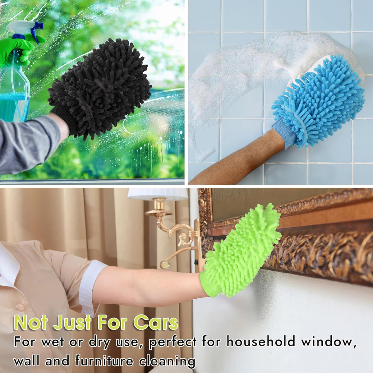 3 Pack Chenille Microfiber Car Wash Mitt, 7" x 9.6" Car Washing Mitts, Home Dusting Gloves, Scratch Free Lint-Free, Highly Absorbent, Double Sided, for Cleaning Detailing Polish (Green)
