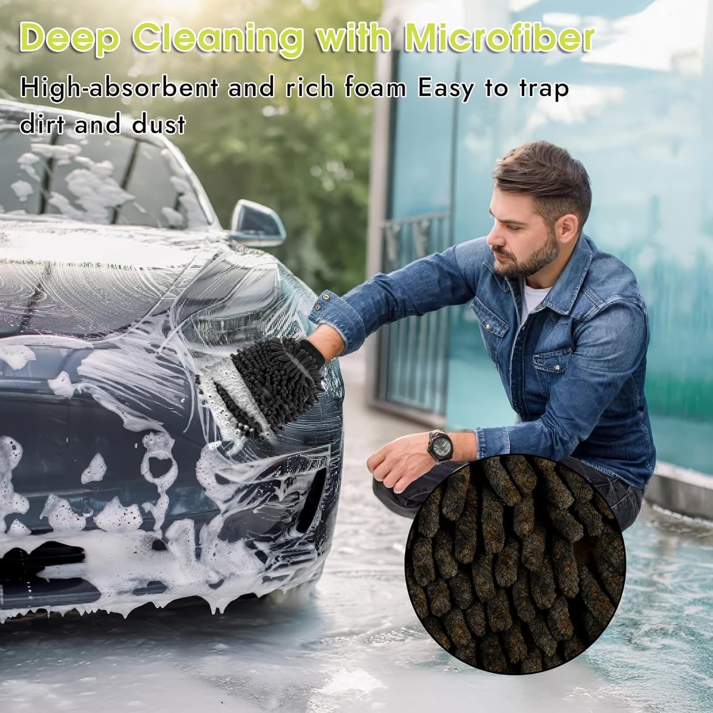 3 Pack Chenille Microfiber Car Wash Mitt, 7" x 9.6" Car Washing Mitts, Home Dusting Gloves, Scratch Free Lint-Free, Highly Absorbent, Double Sided, for Cleaning Detailing Polish (Green)