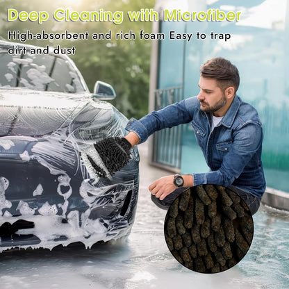 3 Pack Chenille Microfiber Car Wash Mitt, 7" x 9.6" Car Washing Mitts, Home Dusting Gloves, Scratch Free Lint-Free, Highly Absorbent, Double Sided, for Cleaning Detailing Polish (Green)