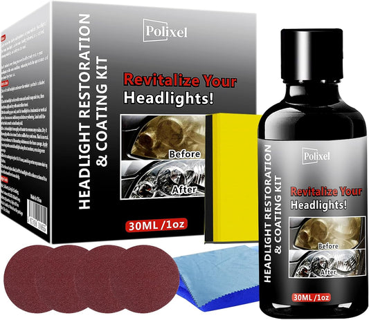 Car Headlight Restoration Kit, Instant Headlamp Restorer with Clarity Coating Fluid, Sandpaper Oxidation Removal Cleaner to Fix Cloudy, Yellowing, Scratches & Stains -1oz/30ml