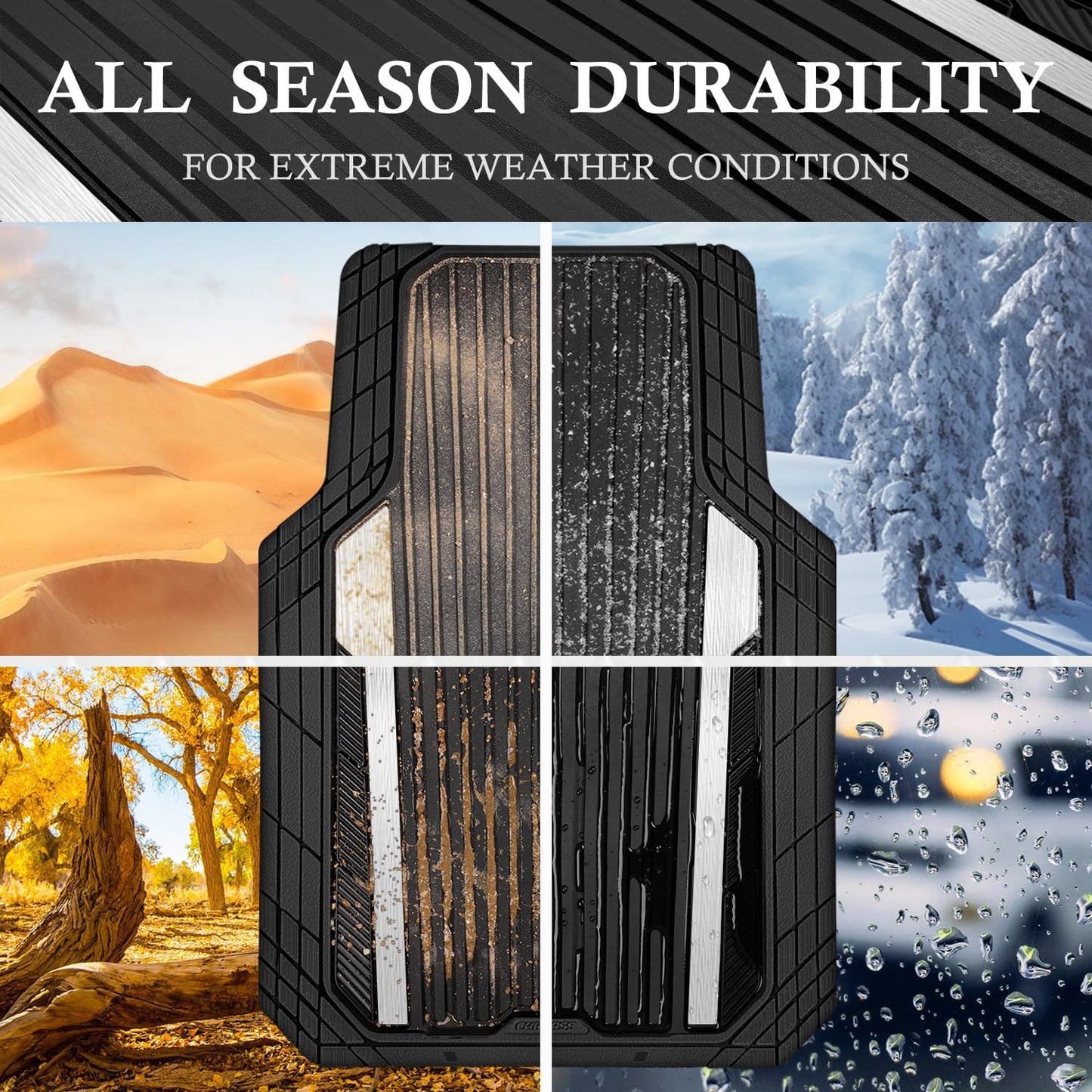 CAR PASS Heavy Duty Rubber Car Mats Metallic, Aluminum Film All Weather Floor Mats Waterproof Universal Trim to Fit Automotive SUV Sedan Van 4 Piece Anodized Deep Dish Two-Tone Sporty Black Red Chrome