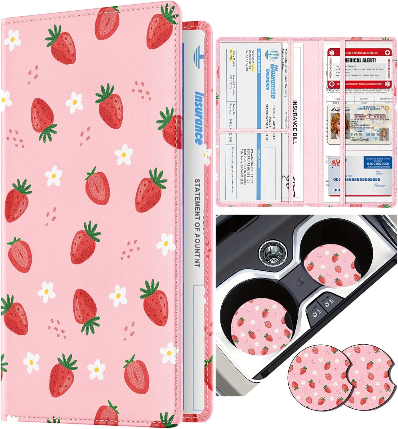Slohif Car Registration and Insurance Card Holder with Magnetic Shut - Vehicle Glove Box Organizer Women Leather Automobile License Holders Coasters Auto Accessories Case for Document,Strawberry