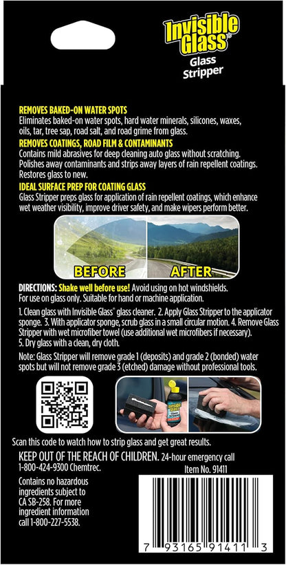 Invisible Glass 91411 Glass Stripper Water Spot Remover Kit – Cerium Oxide Based Auto Glass Polish for Windshields, Hard Water Spots, Road Films & Old Coatings – 4 Fl Oz
