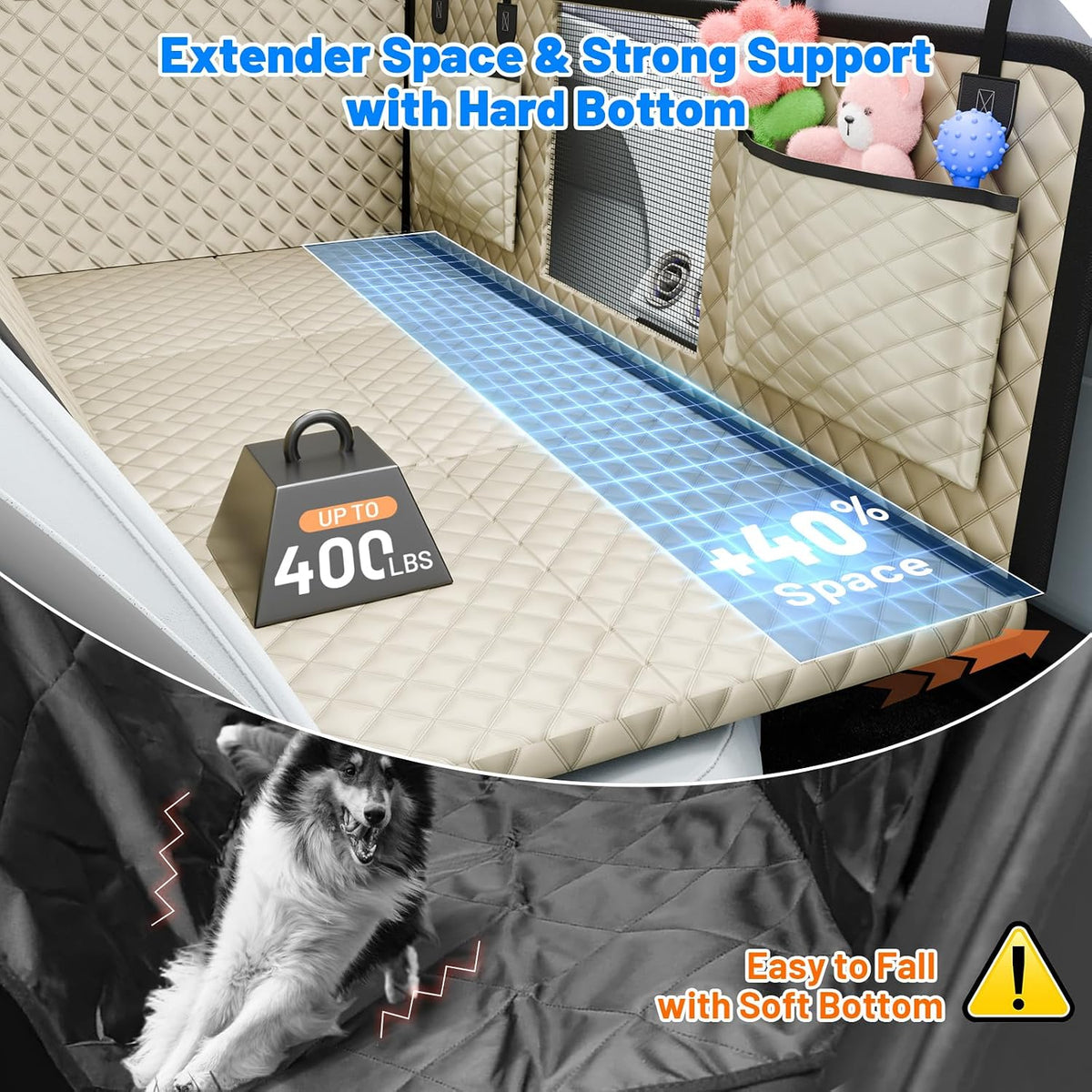 Dog Car Seat Cover for Back Seat with Hard Bottom,Waterproof Back Seat Extender for Dogs,Dog Hammock Dogs Bed for Cars, SUVs,Pet Seat Cover for Back Seat Holds 400lbs with Mesh Window & Pocket