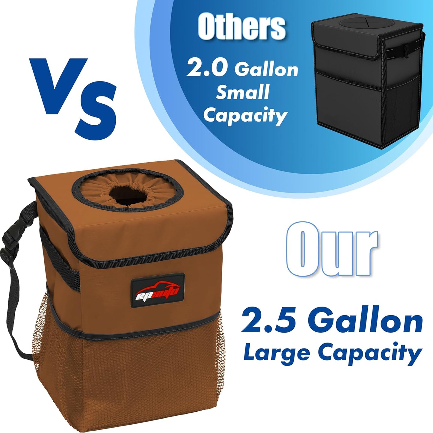 EPAuto Waterproof Car Trash Can with Lid and Storage Pockets, 2.5 Gallon, Black