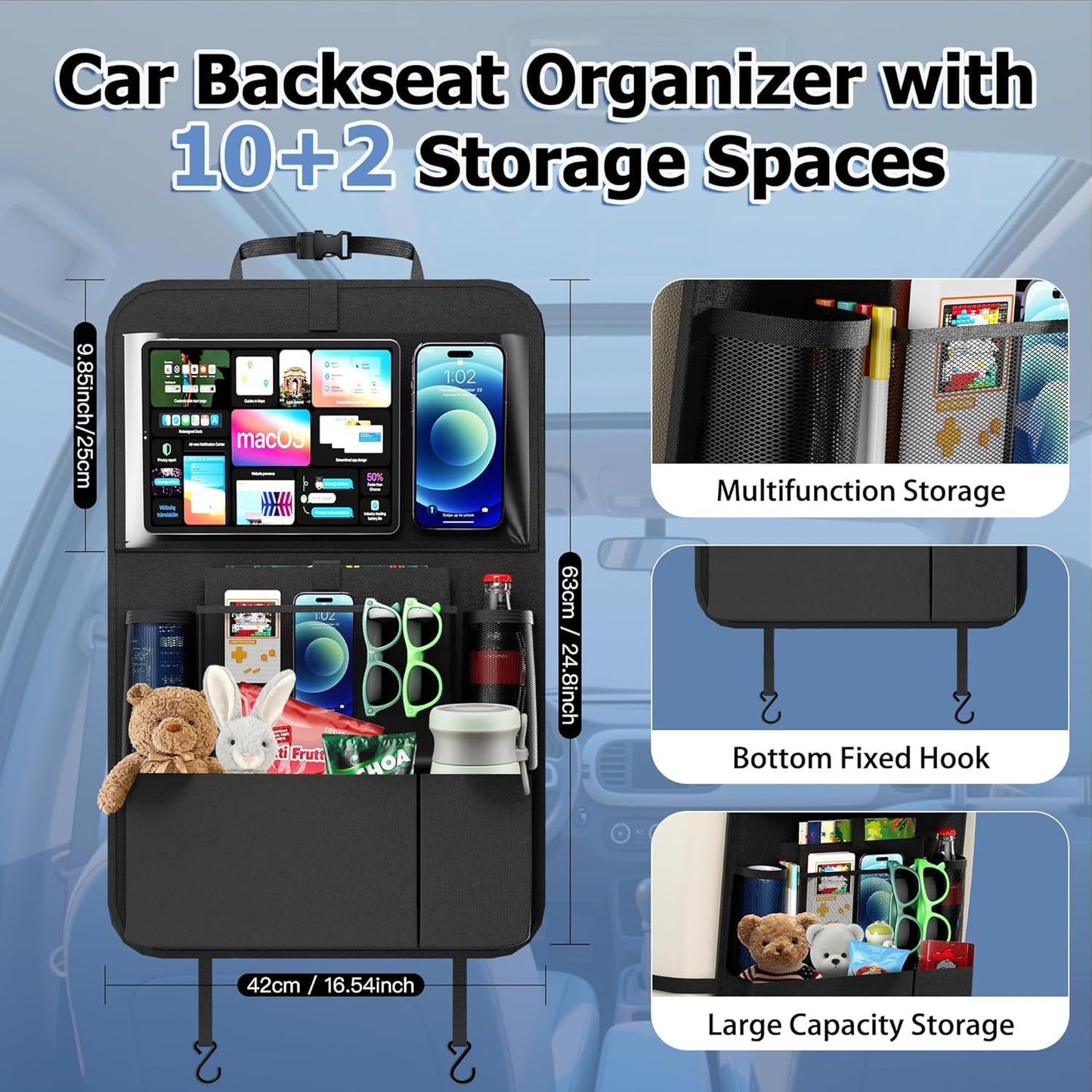 KaiCross Car Backseat Organizer with Table Holder,10 Storage Pockets Backseat Car Organizer and Storage with 600D Oxford Cloth,Travel Essentials,Kick Mats Back Seat Protector-2 Pack