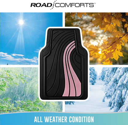 Road Comforts Car Floor Mats Full Set – Front & Rear Car Floor Mats with Aluminum Design, Anti-Slip Backing, All-Weather Protection, Trim-to-Fit Car Mats for Most Sedans, SUVs & Vans -All Pink