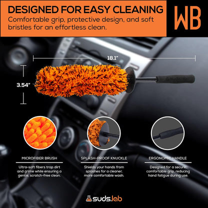 Suds Lab WB Premium Microfiber Cleaning Wheel Brush for All Vehicle Types – 18.1" Ultra-Soft & Scratch-Free Reusable Rim, Wheel, and Tire Brush with Ergonomic Handle