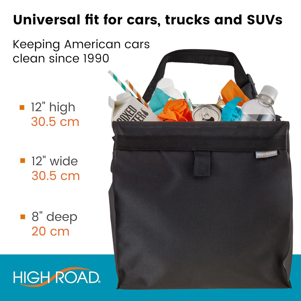 High Road TrashStash Hanging Car Garbage Bag with Push-Close Lid and Waterproof Bin for Car, SUV and Truck Seat Backs - Holds 3 Gallons of Car Trash (Black)