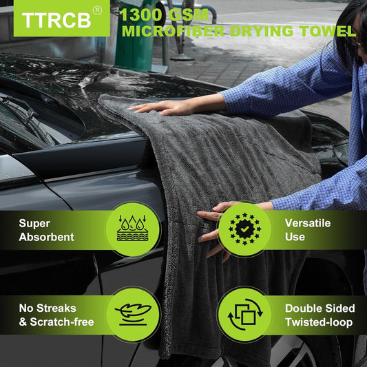 TTRCB 2 Pack 1300 GSM Car Drying Towel, Microfiber Towels for Cars - 36" x 24" & 16" x 16", Ultra-Absorbent, Streak Free, Car Wash Mitt, Car Detailing Cleaning Accessories Supplies Essentials