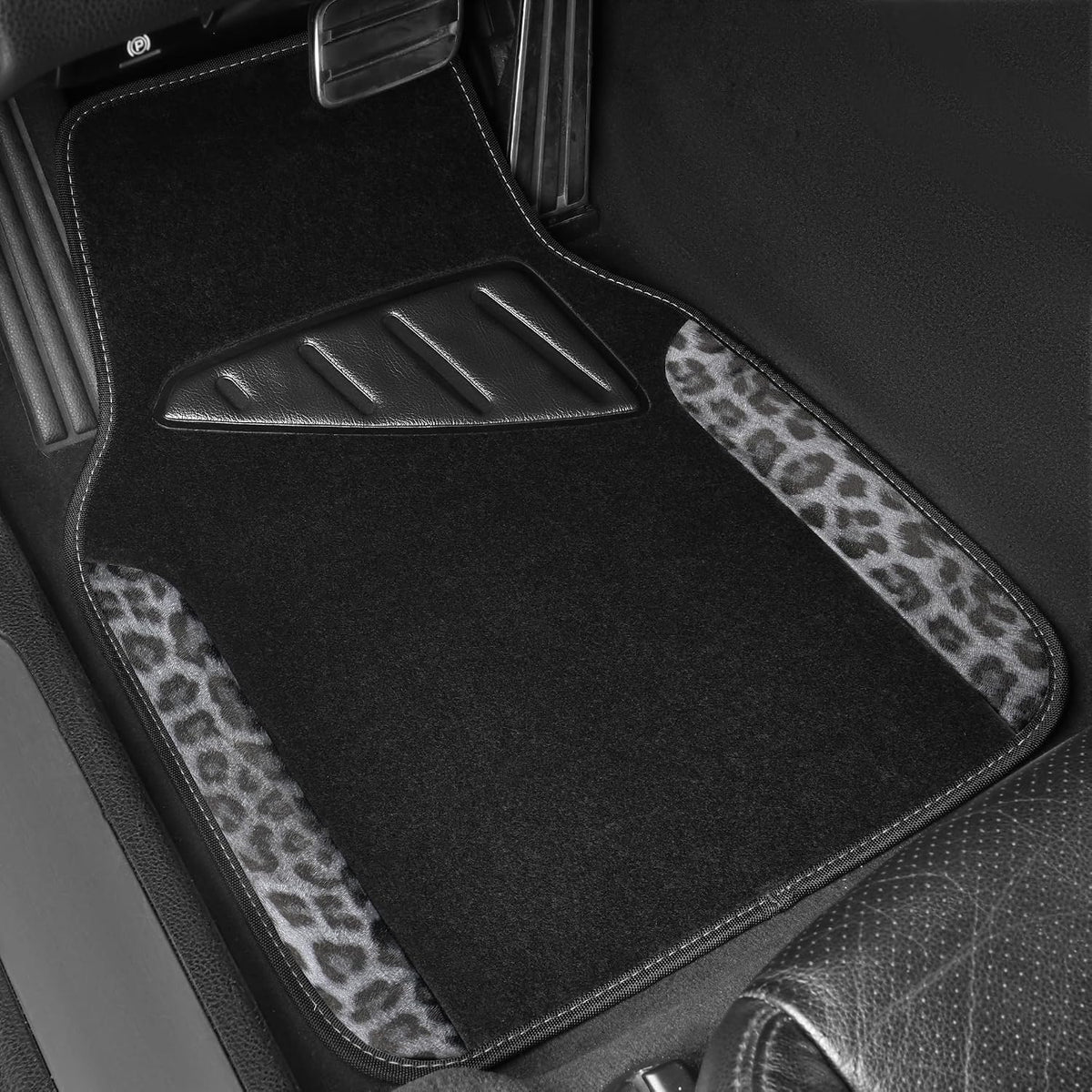 CAR PASS Waterproof Universal Car Floor Mats, Leopard Print Car Mats Fit for SUV,Vans,sedans, Trucks,Set of 4pcs Car Carpet with Driver Heel Pad and Nibs Backing, Leopard Car Accessories Gray Leopard