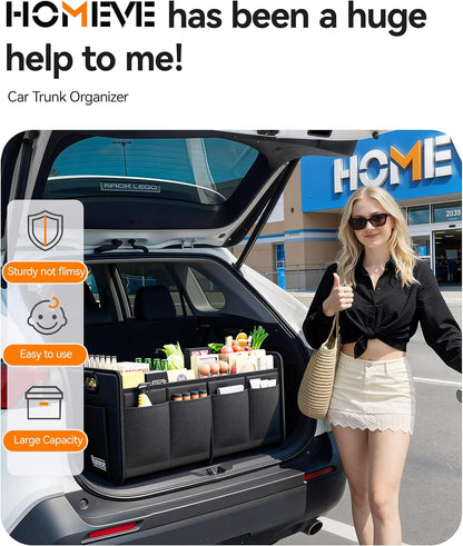 Homeve Car Trunk Organizer for SUV, 18.5Gal Large Capacity No-Sag Heavy Duty, Foldable Waterproof Anti-Slip Storage with 12 Pockets, Fit Sedan,Truck, Universal Car Accessories, Black, Large, 2 Compart