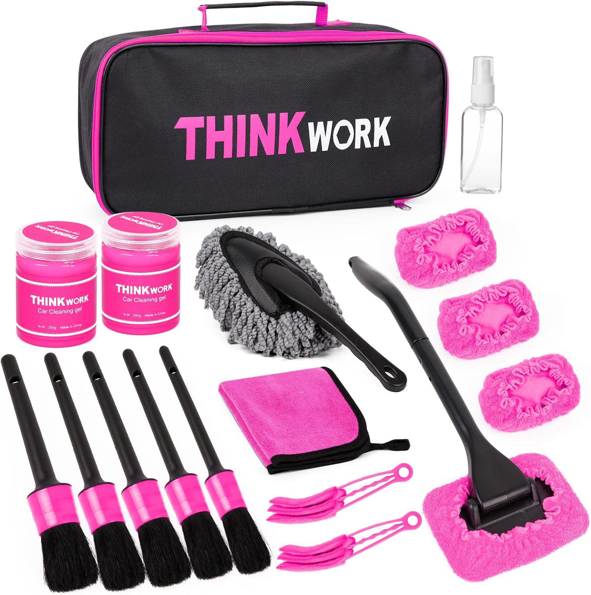 THINKWORK Pink Car Duster Interior Kit, Perfect Car Detailing Brush Kit for Cleaning Windows,Windshield,Dashboard and Air Vents Suitable for All Cars