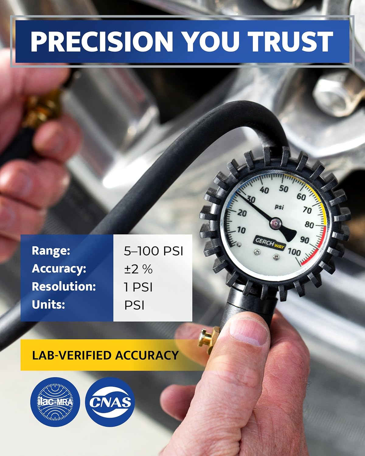 Tire Inflator with Pressure Gauge and Longer Hose - Most Accurate, Heavy Duty Air Chuck with Gauge for Air Compressor Tire Inflator Attachment - 100PSI