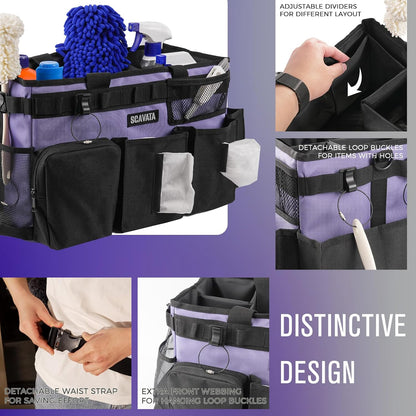 SCAVATA Wearable Cleaning Caddy Bag, Supplies Organizer with Handle & Shoulder Straps for Housekeepers, Under Sink & Car Cleaning Tool Organizer with 4 Foldable Dividers (Black)