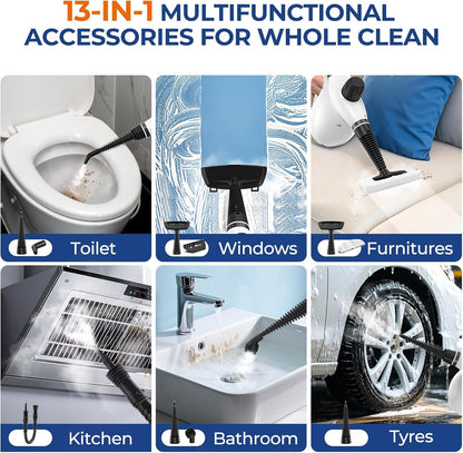Steam Cleaner, Pressurized Handheld 13pcs Multi-Purpose Natural Deep Cleaning Steamer, Portable Steamer for Cleaning Home, Grout, Kitchen, Car, Window, Upholstery, Bathroom and Clothes, White