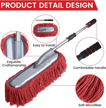 IPELY 2 Pack Large Car Duster Exterior Scratch Free with Extendable Handle and Car Duster Interior, Wax Cotton Hair Dusters (Red)