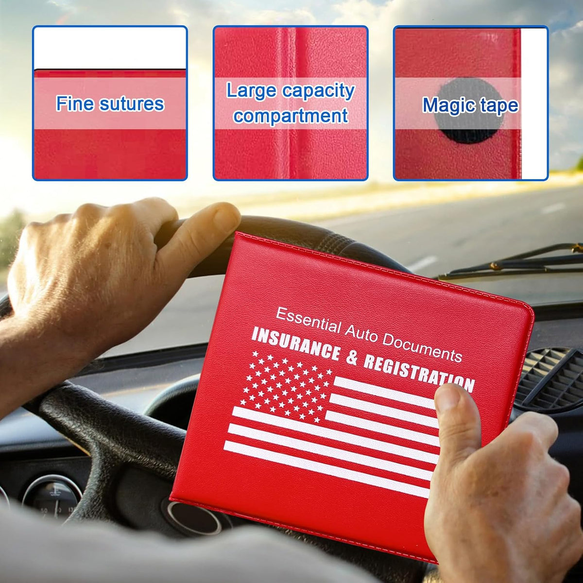 Ziciner Car Registration Insurance Holder, 2Pack Essential Auto Card Document Glove Box Organizer with Touch Fastener, Vehicle Interior Accessories Perfect for Most Car, Truck, SUV (Red/Small Car)