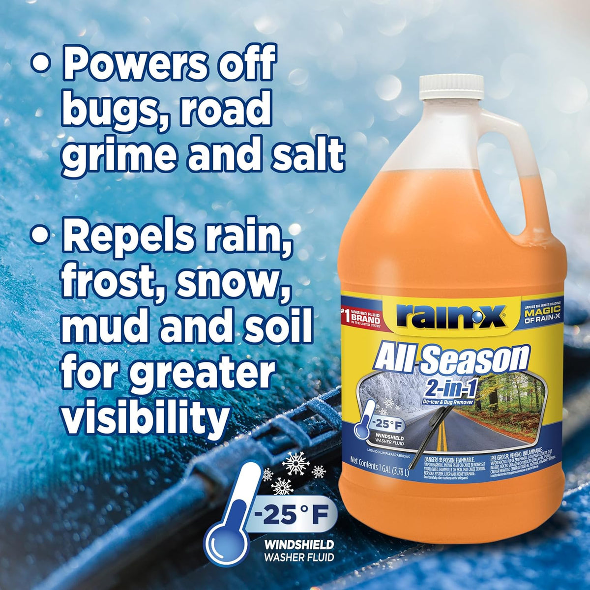 Rain-X All Season -25°F 2-in-1 De-Icer & Bug Remover Windshield Washer Fluid - 1 Gallon (Pack of 6)