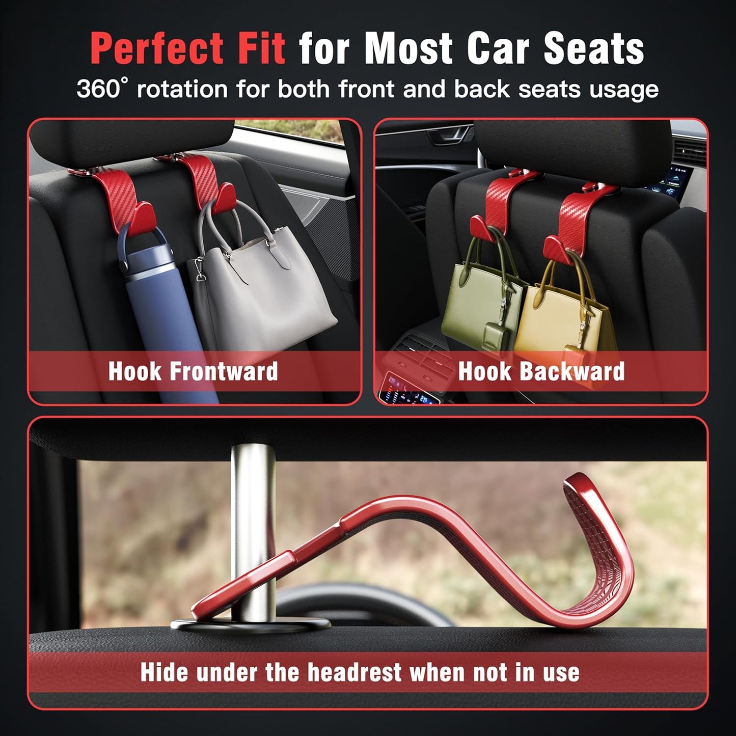 Amooca 4-Pack Car Headrest Hooks Vehicle Storage Organizer for Purses Handbags Groceries Backpack Coats –Holds 55lbs 360° Rotating Black