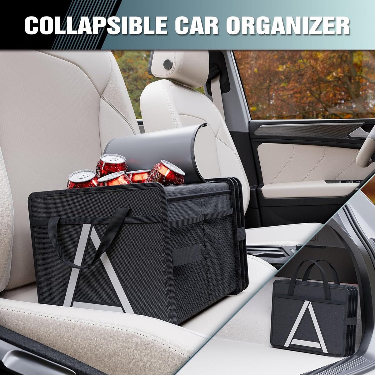 K KNODEL Sturdy Car Trunk Organizer with Premium Insulation Cooler Bag, 3 Compartments Heavy Duty Collapsible for Car, SUV, Truck, or Van (Large, Black)