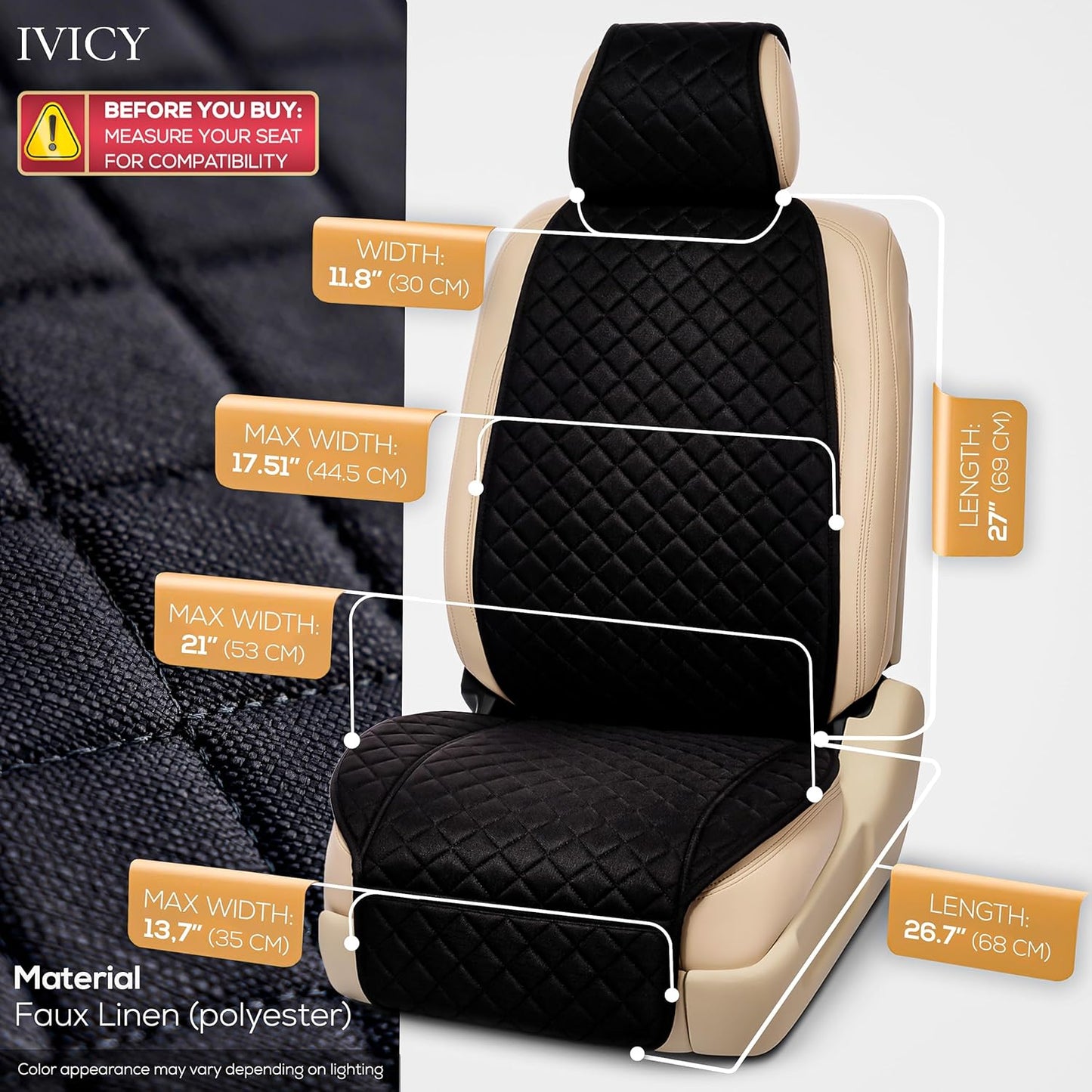 IVICY Faux Linen Front Car Seat Cover – Non-Slip Bucket Seat Protector for Most Cars, SUVs, Vans & Trucks – 1 Seat Cover, Machine Washable, Side-Airbag Friendly, Light Beige