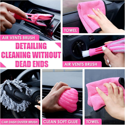 17pcs Car Cleaning Kit, Pink Car Interior Detailing Kit with High Power Handheld Vacuum, Detailing Brush Set, Windshield Cleaner, Cleaning Gel, Complete Auto Accessories for Women Gift