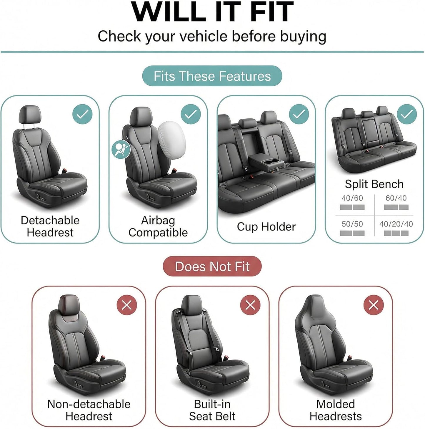 FH Group Full Set Cloth Car Seat Covers, Universal Fit Front and Split Bench Rear, Airbag Compatible, Washable for SUV, Sedan, Van - Black