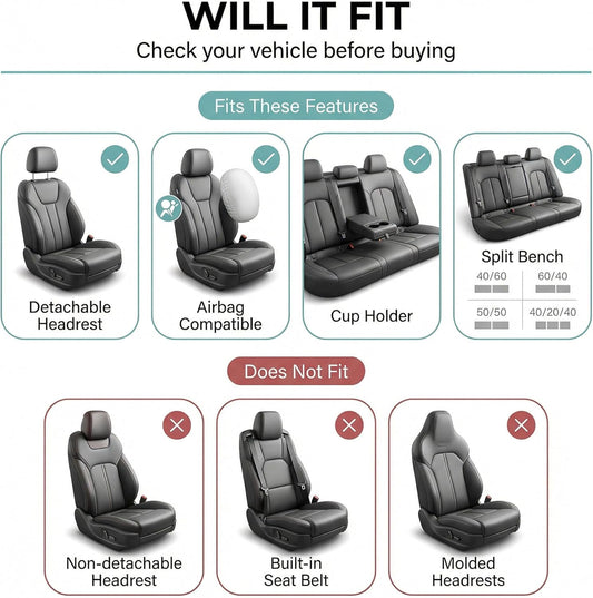 FH Group Full Set Cloth Car Seat Covers, Universal Fit Front and Split Bench Rear, Airbag Compatible, Washable for SUV, Sedan, Van - Black